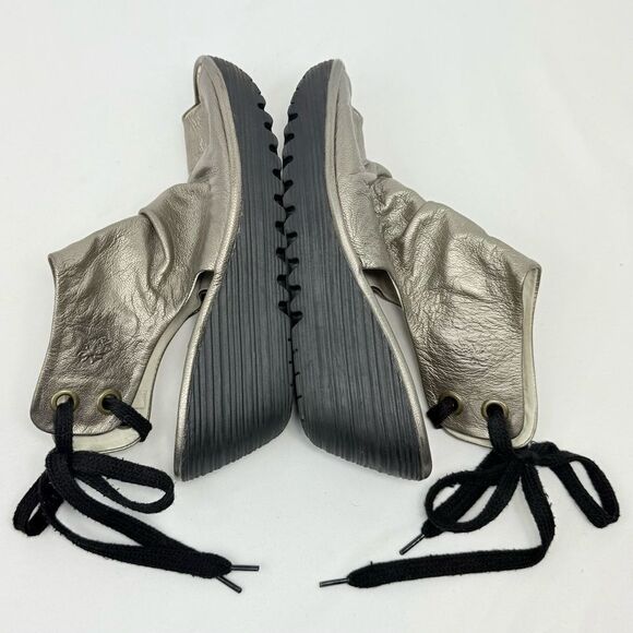 Fly London Yama Gold Metallic Ruched Leather Slingback Lace Up Chunky Wedges - Picture 6 of 12